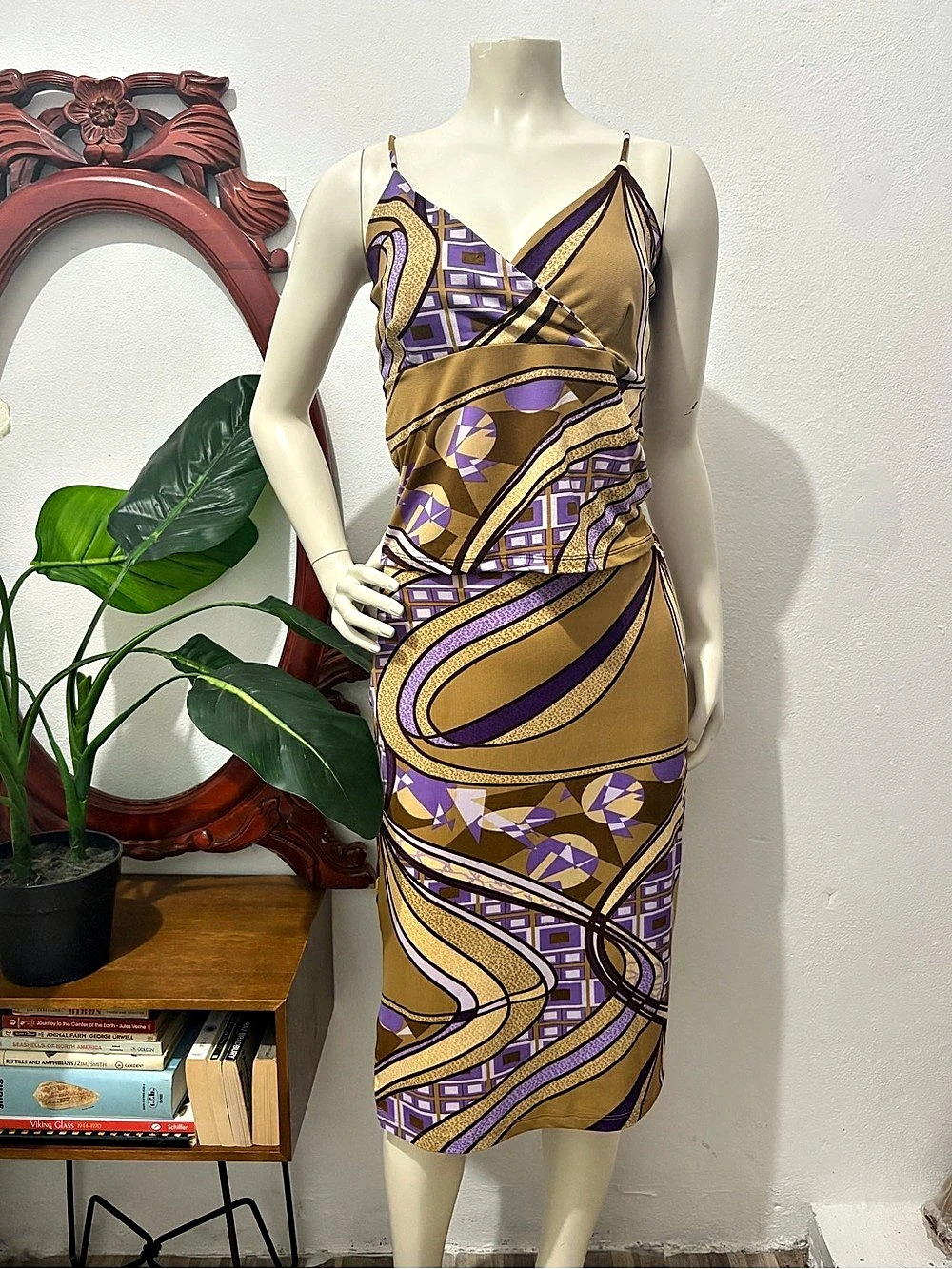 Y2K brown and purple retro geometric design skirt and top matching set
